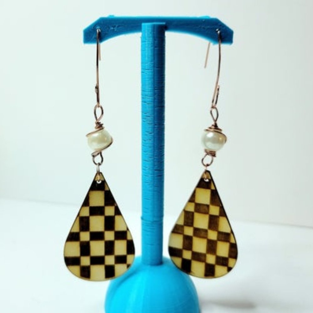 Custom Wood Checker Pattern Teardrop Statement Trendy Engraved Wooden Earing. Ar